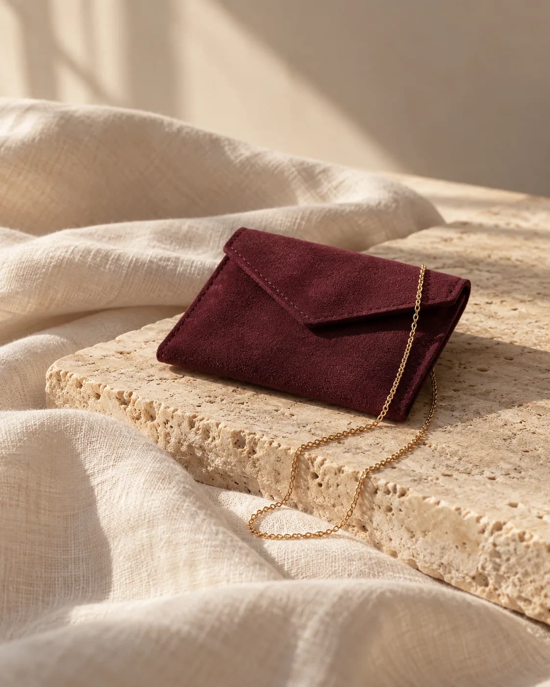 A mulberry jewellery pouch and a fine gold chain resting on warm ivory linen.
